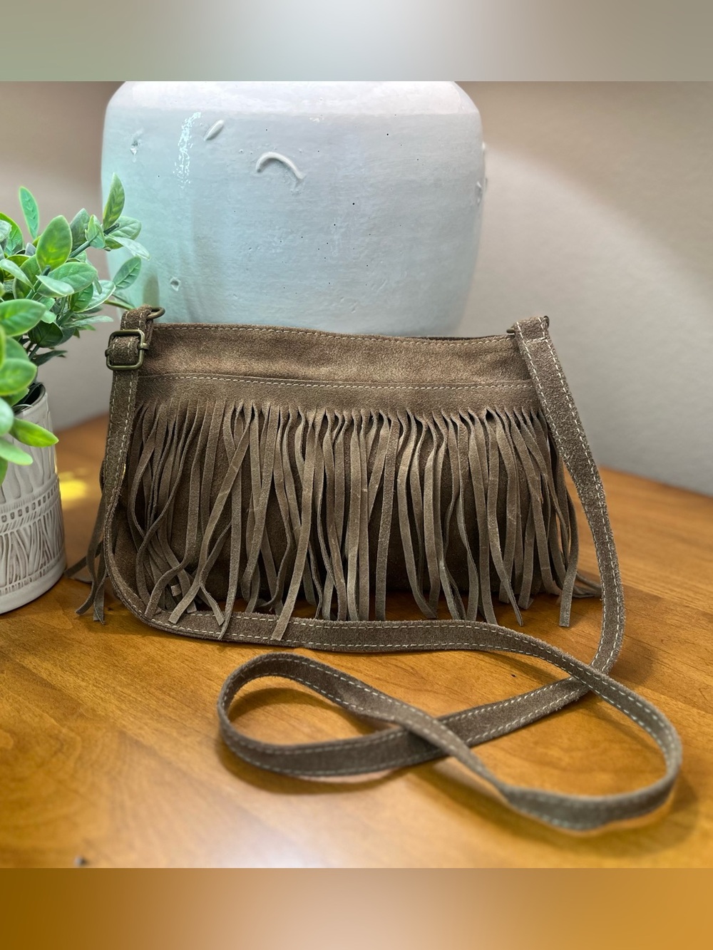 Fringed Suede Crossbody Bag in Taupe